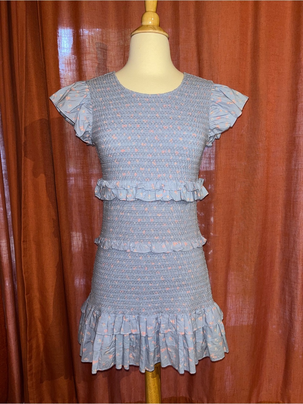 LoveShackFancy Blue Floral Smocked Ruffle Mini Dress Size S